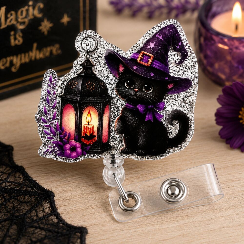 Halloween Black Cat Witch Badge Reel Retractable ID Holder Nurse Teacher Office